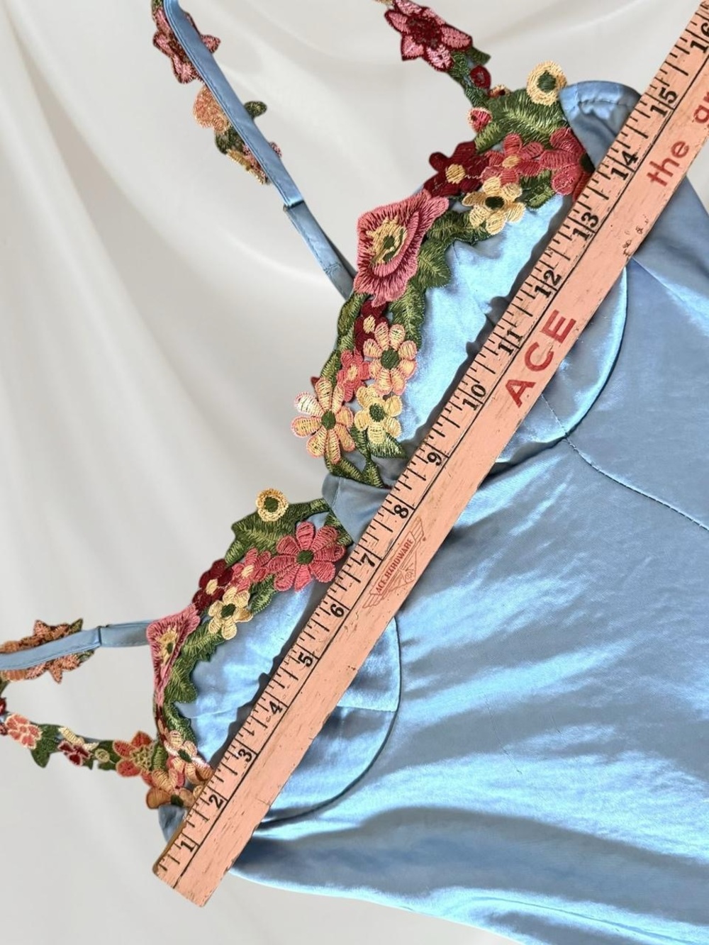Floral Trim Satin Slip Dress in Light Blue - Picture 9 of 10